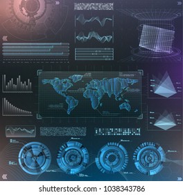 Vector futuristic interface hud design. Set infographic elements.  virtual hologram, landscape, levels, waves and vibrations, keyboard