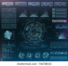 Vector futuristic interface hud design. Set infographic elements.  virtual hologram, landscape, levels, waves and vibrations, keyboard