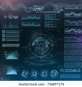 Vector futuristic interface hud design. Set infographic elements.  virtual hologram, landscape, levels, waves and vibrations, keyboard