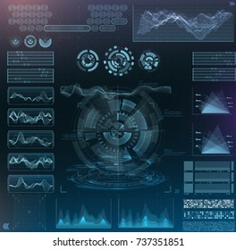 Vector futuristic interface hud design. Set infographic elements.  virtual hologram, landscape, levels, waves and vibrations, keyboard