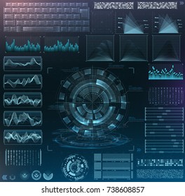 Vector futuristic interface hud design. Set infographic elements.  virtual hologram, landscape, levels, waves and vibrations, keyboard