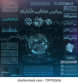 Vector futuristic interface hud design. Set infographic elements.  virtual hologram, landscape, levels, waves and vibrations, keyboard
