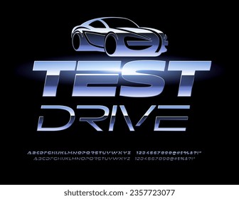 Vector futuristic logo Test Drive with unique silver Font. Abstract style set of metallic Bold and Thin Alphabet Letters and Numbers
