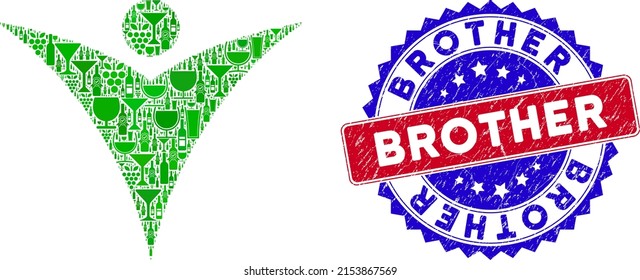 Vector futuristic man icon wine collage and grunge bicolor Brother seal. Red and blue bicolored seal with grunge style and Brother tag. Futuristic man mosaic icon is composed with wine cups,