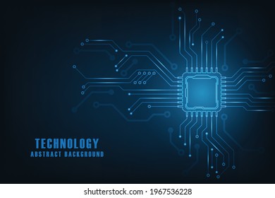 Vector futuristic microchip CPU circuit board blue light. Technology abstract background.