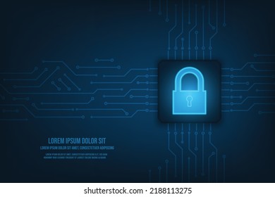 Vector futuristic microchip CPU circuit board blue light security concept. Technology abstract background.