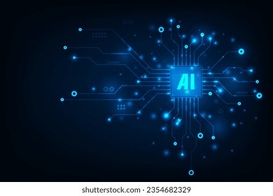 Vector futuristic microchip CPU circuit board blue light with concept artificial intelligence. Technology abstract background.