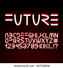 Vector futuristic minimalistic alphabet. Letters and numerals isolated on dark background