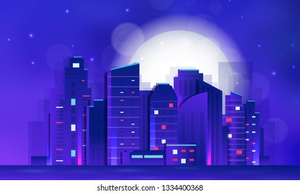 Vector Futuristic Night city  illustration. Dark urban scape. Night cityscape with bright and glowing neon purple and blue lights, abstract background