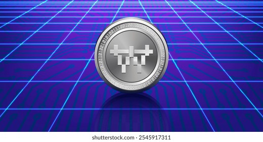 Vector futuristic poster. Stylistic coin or token digital south korean won. Bank of Korea virtual cryptocurrency. High tech computer technology. Internet money of Asia.