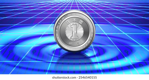 Vector futuristic poster. Stylistic coin or digital currency.  Inscription in Japanese means country Japan and one yen. High tech computer technology. Internet money. Glowing waves.