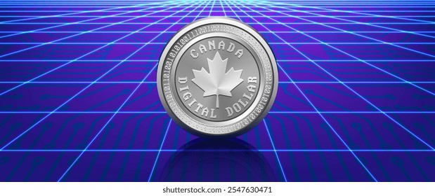 Vector futuristic poster. Stylistic silver or nikel coin of digital canadian dollar. High tech computer technology. Internet money. Canada