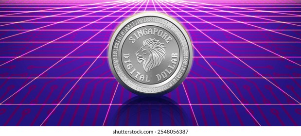 Vector futuristic poster. Stylistic silver or nikel coin of digital singaporian dollar. High tech computer technology. Internet money. Singapore