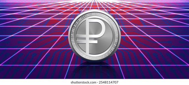 Vector futuristic poster. Stylistic silver or nikel coin of digital russian ruble. High tech computer technology. Internet money. Russia