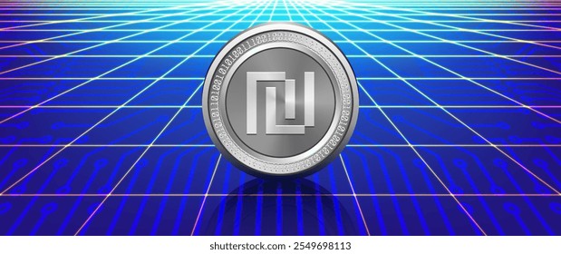 Vector futuristic poster. Stylistic silver or nikel coin of digital shekel israeli. High tech computer technology. Internet money. Israel