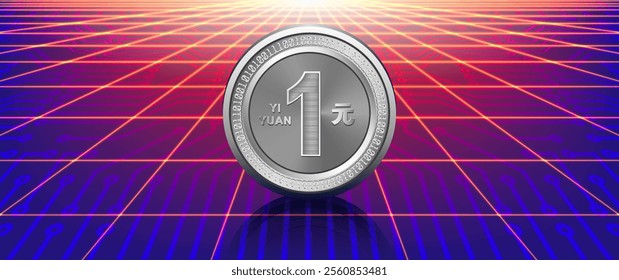 Vector futuristic poster. Stylistic silver or nikel coin of digital chinese yuan. High tech computer technology. Internet money. China.