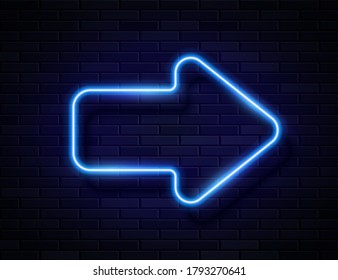 Vector Futuristic Sci Fi Modern Neon Blue Glowing Arrow Frame for Banner on Dark Empty Grunge Brick Background. Retro Neon Sign