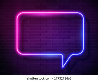 Vector Futuristic Sci Fi Modern Neon Gradient Pink and Blue Glowing Speech Bubble Frame for Banner on Dark Empty Grunge Brick Background. Retro Neon Sign