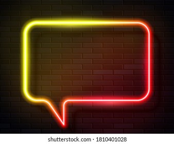 Vector Futuristic Sci Fi Modern Neon Yellow Glowing Speech Bubble Frame for Banner on Dark Empty Grunge Brick Background. Retro Neon Sign