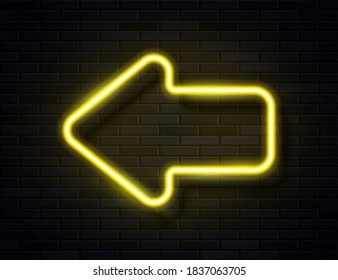 Vector Futuristic Sci Fi Modern Neon Yellow Glowing Arrow Frame for Banner on Dark Empty Grunge Brick Background. Retro Neon Sign