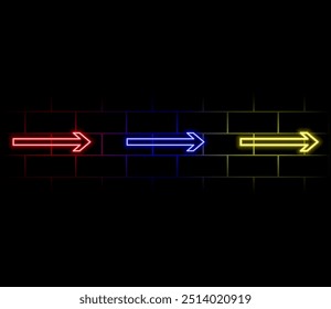 Vector Futuristic Sci Fi Modern Neon Pink Blue Gradient Glowing Arrow Frame for Banner on Dark Empty Grunge Brick Background. Retro Neon Sign.