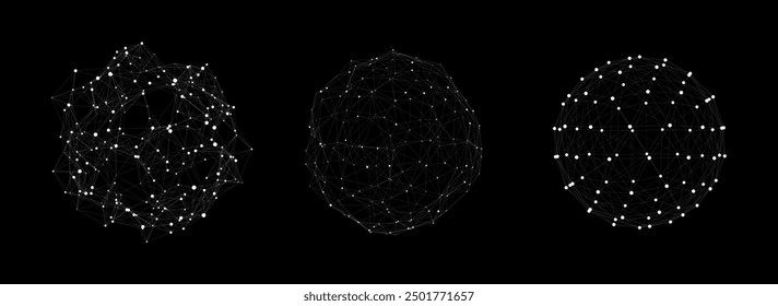 Vector futuristic set black sphere of particles and lines. Network connection big data. Abstract technology background.