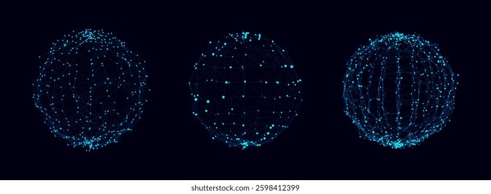 Vector futuristic set blue sphere of particles and lines. Network connection big data. Abstract technology background.