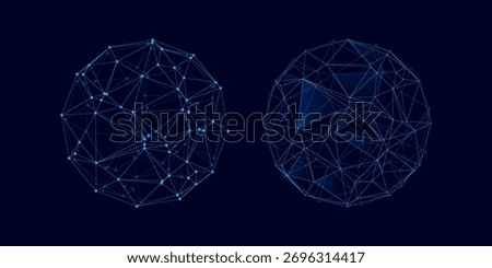 Vector futuristic set blue sphere of particles and lines. Network connection big data. Abstract technology background modrn