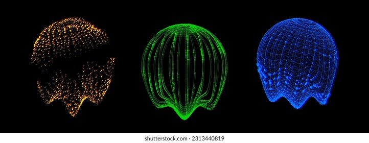 Vector futuristic set colorful glitch sphere of particles and lines. Network connection big data. Abstract technology background.