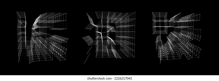 Vector futuristic set space cube. Network connection structure cyberspace with moving particles in closed room. Big data visualization. Abstract cyber security background.