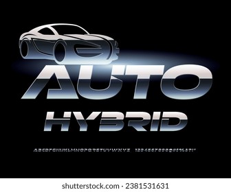 Vector futuristic sign Auto Hybrid with decorative Car. Chrome shiny Font. Unique set of Alphabet Letters, Numbers and Symbols