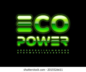 Vector futuristic sign Eco Power. Green digital Font. Techno Alphabet Letters and Numbers set