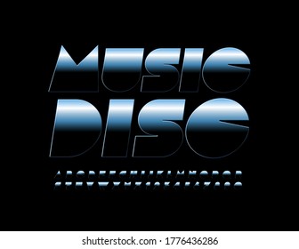 Vector futuristic sign Music Disc with Metallic Dark Font. Reflective creative Alphabet Letters and Numbers