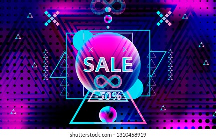 Vector futuristic space background with bright light planets and stars. Cosmos banner with neon light 3d objects and glowing tracks sale