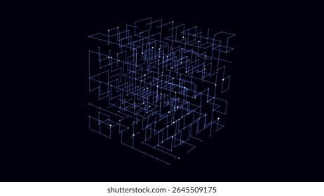 Vector futuristic space blue cube. Network connection structure cyberspace with moving particles in closed room. Big data visualization. Abstract cyber security background.