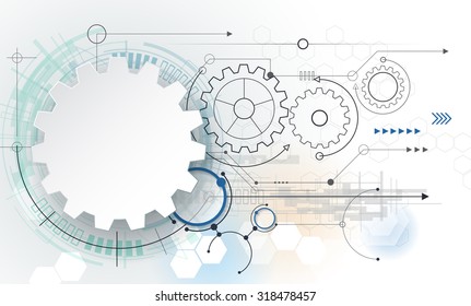 Vector futuristic technology, 3d white paper gear wheel on circuit board. Illustration hi-tech, engineering, digital telecoms concept. With space for content, web- template, business tech presentation