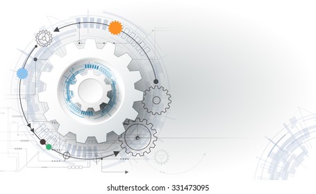 Vector futuristic technology, 3d white paper gear wheel on circuit board. Illustration hi-tech, engineering, digital telecoms concept. With space for content, web- template, business tech presentation