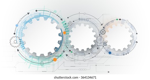 Vector futuristic technology, 3d white paper gear wheel on circuit board. Illustration hi-tech, engineering, digital telecoms concept. With space for content, web- template, business tech presentation