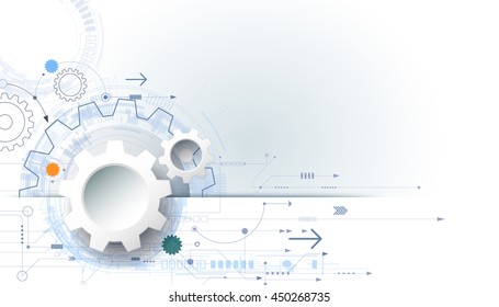 Vector futuristic technology background, 3d white paper gear wheel on circuit board. Hi-tech, engineering, digital telecoms concept. Blank space for content, web template, business tech presentation