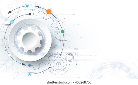 Vector futuristic technology background, 3d white paper gear wheel on circuit board. Hi-tech, engineering, digital telecoms concept. Blank space for content, web template, business tech presentation