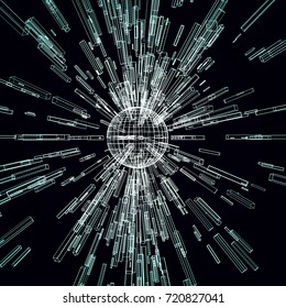 Vector futuristic technology background with wireframe sphere and flying out construction elements. Technology explosion.