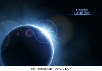 Vector futuristic technology banner. Space with dark planet with sun beam rays and cloud. Sci-fi background.