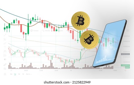 vector futuristic technology with bitcoin coin and stock graph icon with digital investment with phone-white