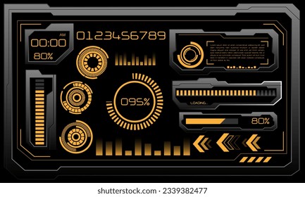 Vector of futuristic technology cyber HUD dashboard monitor yellow neon light power status on grey design ultramodern element illustration.