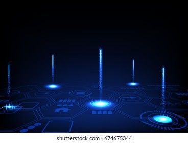 Vector futuristic technology with hexagons and icon on dark blue
