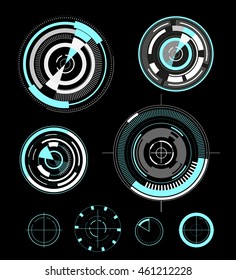 Vector futuristic user interface design elements. Target, aim HUD display template illustration. Head-up concept background. Scientific screen backdrop design.