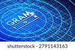 Vector futuristic virtual tech background deep blue gradient filled, binary code patterns. 3D letters GRAM TON. Glowing cyan concentric circles, dynamic digital space. Cryptocurrency. Means of payment