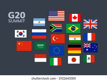 Vector G20 country flag Mexico, USA, Canada. G20 flag set icon