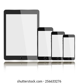 Vector gadgets with blank screen isolated on white background with reflection. Mock-up.