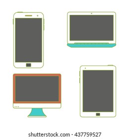 Vector Gadgets with blank screens. Vector Illustration of mobile phone, Laptop, Desktop and Tablet computer. Isolated on a White background.